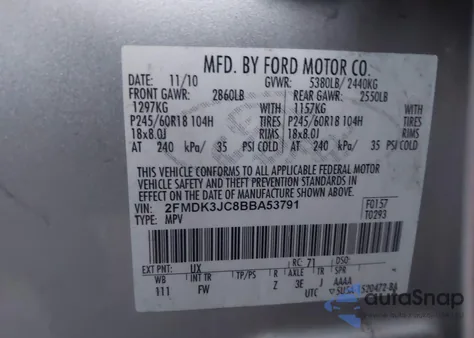 2011 Ford Edge Sel from USA, damaged, VIN 2FMDK3JC8BBA53791